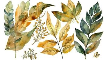 Exotic Botanic Tropic Composition with Watercolor and Gold Leaves photo