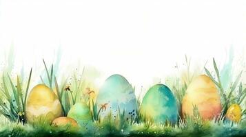 Easter Eggs Border Frame with Watercolor Green Grass photo