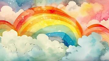 Rainbow and Clouds Watercolor Background photo