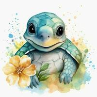 Adorable Baby Turtle Smiling in a Watercolor Spring Theme photo