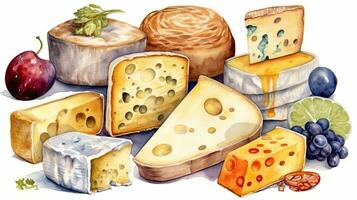 delicioso acuarela ilustración de varios quesos y Leche productos foto