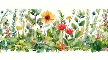 Wildflower and Green Leaves Watercolor Border photo