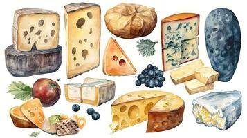 delicioso acuarela ilustración de varios quesos y Leche productos foto