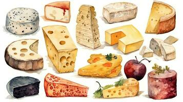 delicioso acuarela ilustración de varios quesos y Leche productos foto