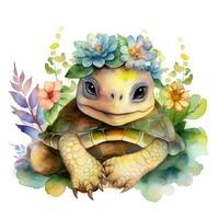 Adorable Baby Turtle Smiling in a Watercolor Spring Scene photo