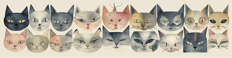 Whimsical Watercolor Cat Faces in Gray and Beige Paper CutOut Style photo