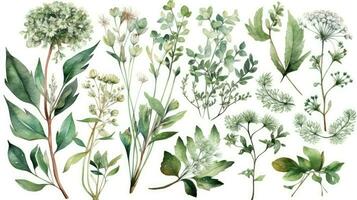 Lush Watercolor Illustration of Forest Herbs and Greenery with Babys Breath and Green Leaves photo