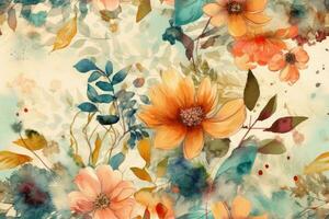 Vintage Watercolor Flowers on Aged Paper Background photo