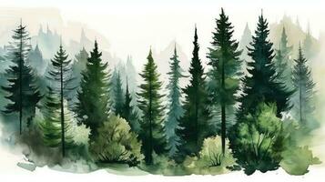 Serene Watercolor Landscape of Pine Trees in a Green Forest photo