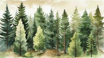 Serene Watercolor Landscape of Pine Trees in a Green Forest photo