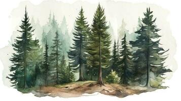 Serene Watercolor Landscape of Pine Trees in a Green Forest photo