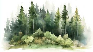 Serene Watercolor Landscape of a Pine Forest in the Mountains photo