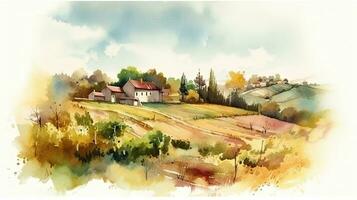 Rural Landscape with Watercolor Field and Country Hedge photo