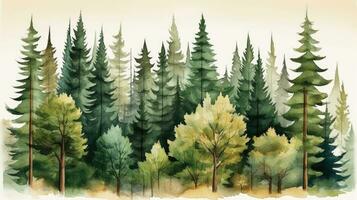 Serene Watercolor Landscape of Pine Trees in a Green Forest photo