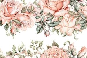 Blush Pink Roses Watercolor Border on White Background photo