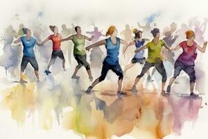 Vibrant Watercolor Illustration of a Group Exercise Class for Fitness Websites and Promotions photo