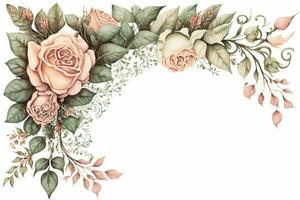 Blush Pink Roses Watercolor Border on White Background photo