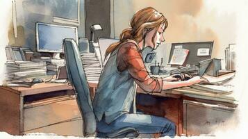 Creative Workspace Watercolor Illustration of an Admin Working on Computer photo