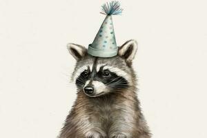 contento mapache celebrando con un fiesta sombrero foto