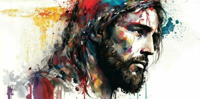 Vibrant Watercolor Illustration of Jesus on White Background photo