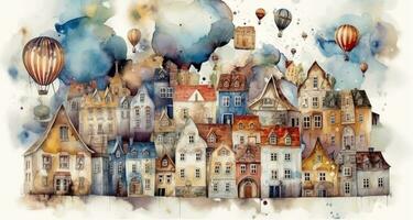 Enchanting Watercolor Cityscape with Floating Islands and Hot Air Balloons photo
