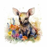 Colorful Watercolor Painting of an Adorable Baby Aardvark in a Flower Field photo