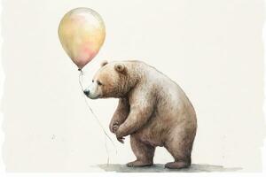 Adorable Bear Holding a Golden Balloon in Watercolor Painting photo