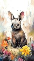 Colorful Watercolor Painting of an Adorable Baby Aardvark in a Flower Field photo