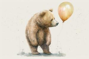 Bear with Golden Balloon Watercolor Painting on White Background photo