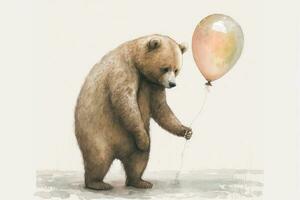 Adorable Bear Holding a Golden Balloon in Watercolor Painting photo