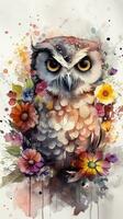 Colorful Watercolor Painting of a Cute Baby Owl in a Flower Field for Art Prints and Greeting Cards photo