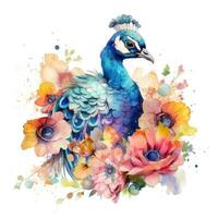 Colorful Watercolor Painting of a Cute Baby Peacock in a Flower Field for Art Prints and Greetings photo