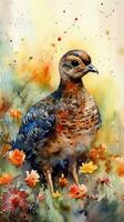 Colorful Watercolor Painting of a Cute Baby Pheasant in a Flower Field  Ideal for Art Prints and Greetings photo