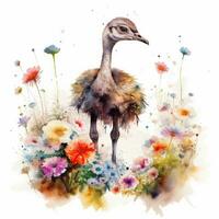 Adorable Baby Ostrich in a Colorful Flower Field Watercolor Painting photo