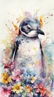 Captivating Baby Penguin in a Colorful Flower Field Watercolor Painting photo