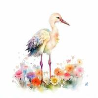 Colorful Watercolor Painting of a Captivating Baby Stork in a Flower Field  Ideal for Art Prints and Greetings photo
