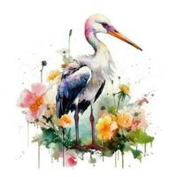 Colorful Watercolor Painting of a Captivating Baby Stork in a Flower Field  Ideal for Art Prints and Greetings photo