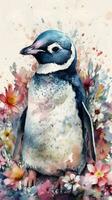 Captivating Baby Penguin in a Colorful Flower Field Watercolor Painting photo