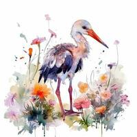 Colorful Watercolor Painting of a Captivating Baby Stork in a Flower Field  Ideal for Art Prints and Greetings photo