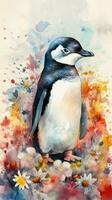 Captivating Baby Penguin in a Colorful Flower Field Watercolor Painting photo