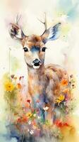 Captivating Baby Reindeer in a Colorful Flower Field Watercolor Painting photo