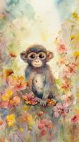 Charming Baby Monkey in Colorful Flower Field Watercolor Painting photo