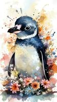 Charming Baby Penguin in a Colorful Flower Field Watercolor Painting photo