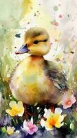 Charming Duckling in a Colorful Flower Field  Watercolor Painting for Art Prints and Greeting Cards photo