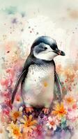 Charming Baby Penguin in a Colorful Flower Field Watercolor Painting photo