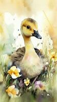 Charming Gosling in a Colorful Flower Field Watercolor Painting photo