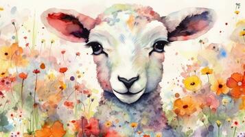 Colorful Flower Field with Cute Lamb Watercolor Painting for Art Prints and Greeting Cards photo