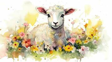 Colorful Flower Field with Cute Lamb Watercolor Painting for Art Prints and Greeting Cards photo