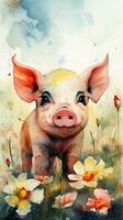 Colorful Flower Field with Cute Piglet Watercolor Painting for Art Prints and Greeting Cards photo