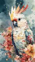 Colorful Watercolor Painting of a Delightful Baby Cockatoo in a Flower Field photo